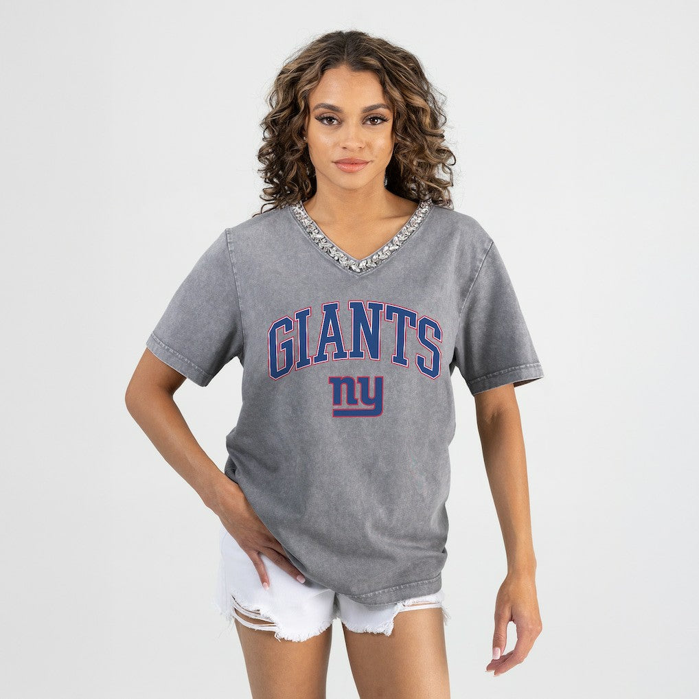 New York Giants Gameday Couture Women's Relaxed Iconic Edge Rhinestone V-Neck T-Shirt - Gray on sale