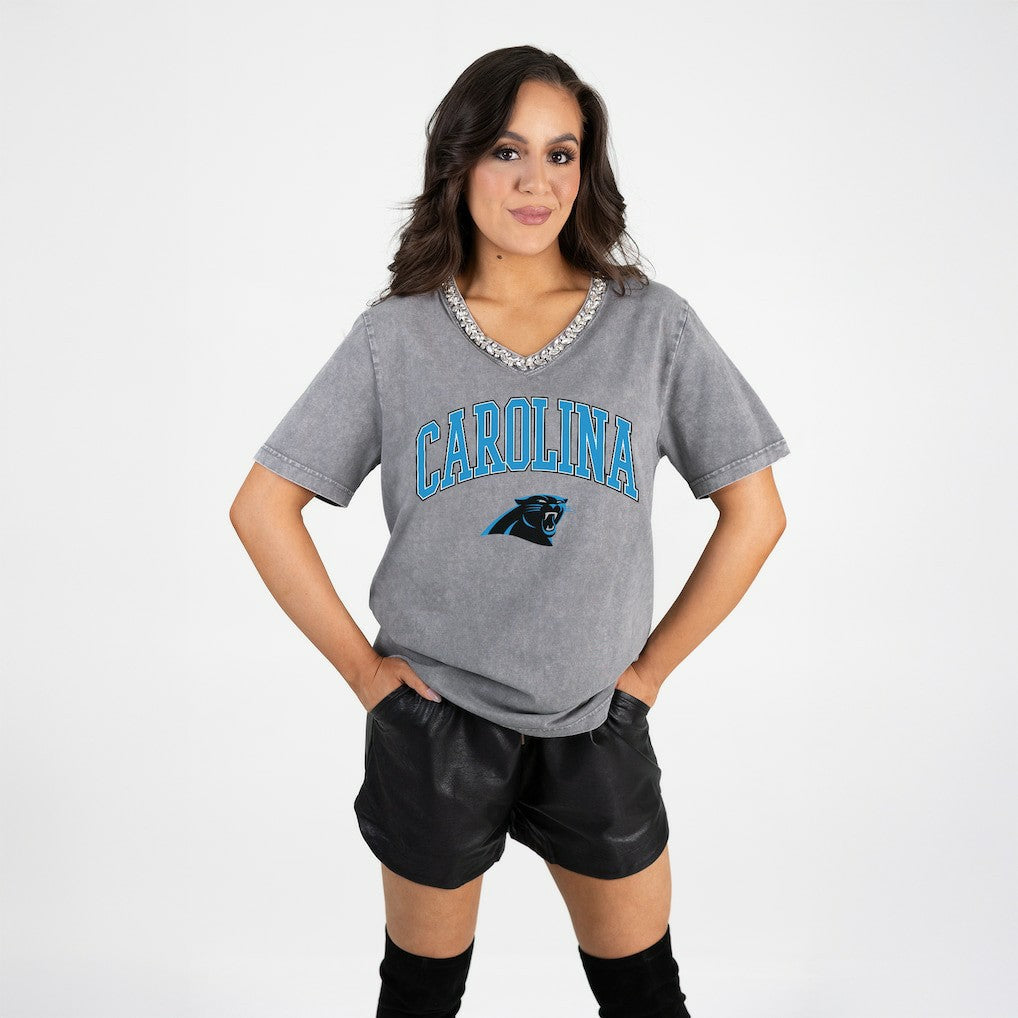 Carolina Panthers Gameday Couture Women's Relaxed Iconic Edge Rhinestone V-Neck T-Shirt - Gray for sale