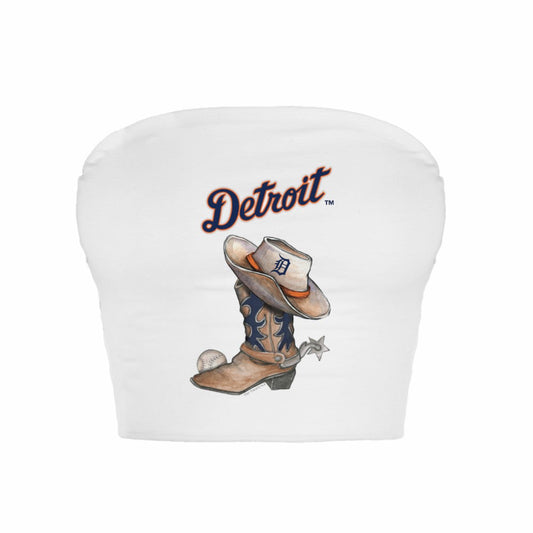 Detroit Tigers Tiny Turnip Women's Cowboy Boot Crop Tube Top - White
