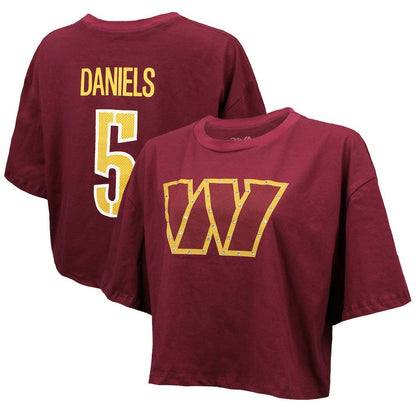 Jayden Daniels Washington Commanders Majestic Threads Women's Swarovski Crystals Boxy Cropped Name & Number T-Shirt - Burgundy cheap
