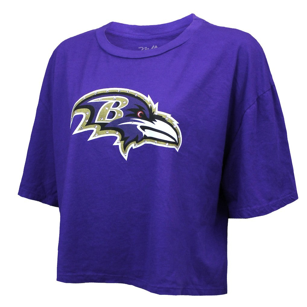 Lamar Jackson Baltimore Ravens Majestic Threads Women's Swarovski Crystals Boxy Cropped Name & Number T-Shirt - Purple cheap