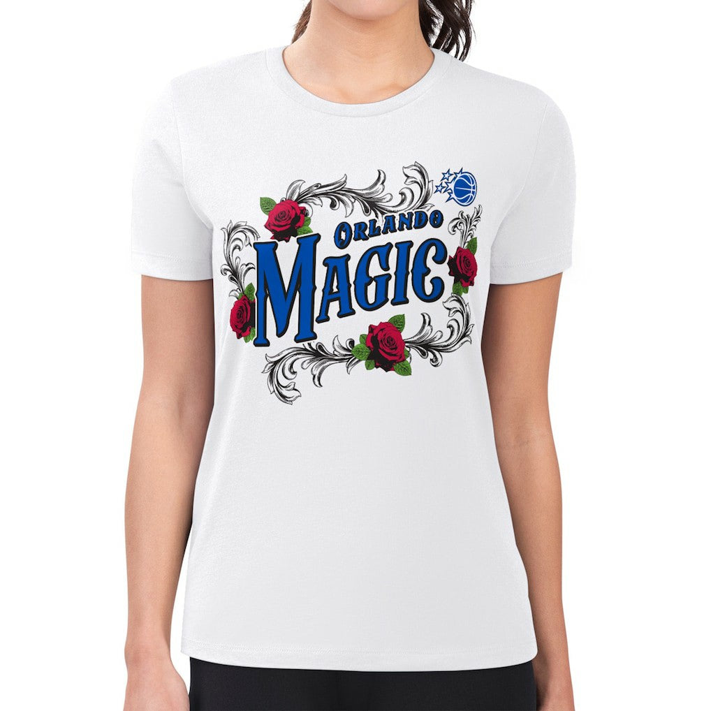 Orlando Magic G-III 4Her by Carl Banks Women's Super-Slim Fit Lightweight Roses Crew Neck T-Shirt - White for sale
