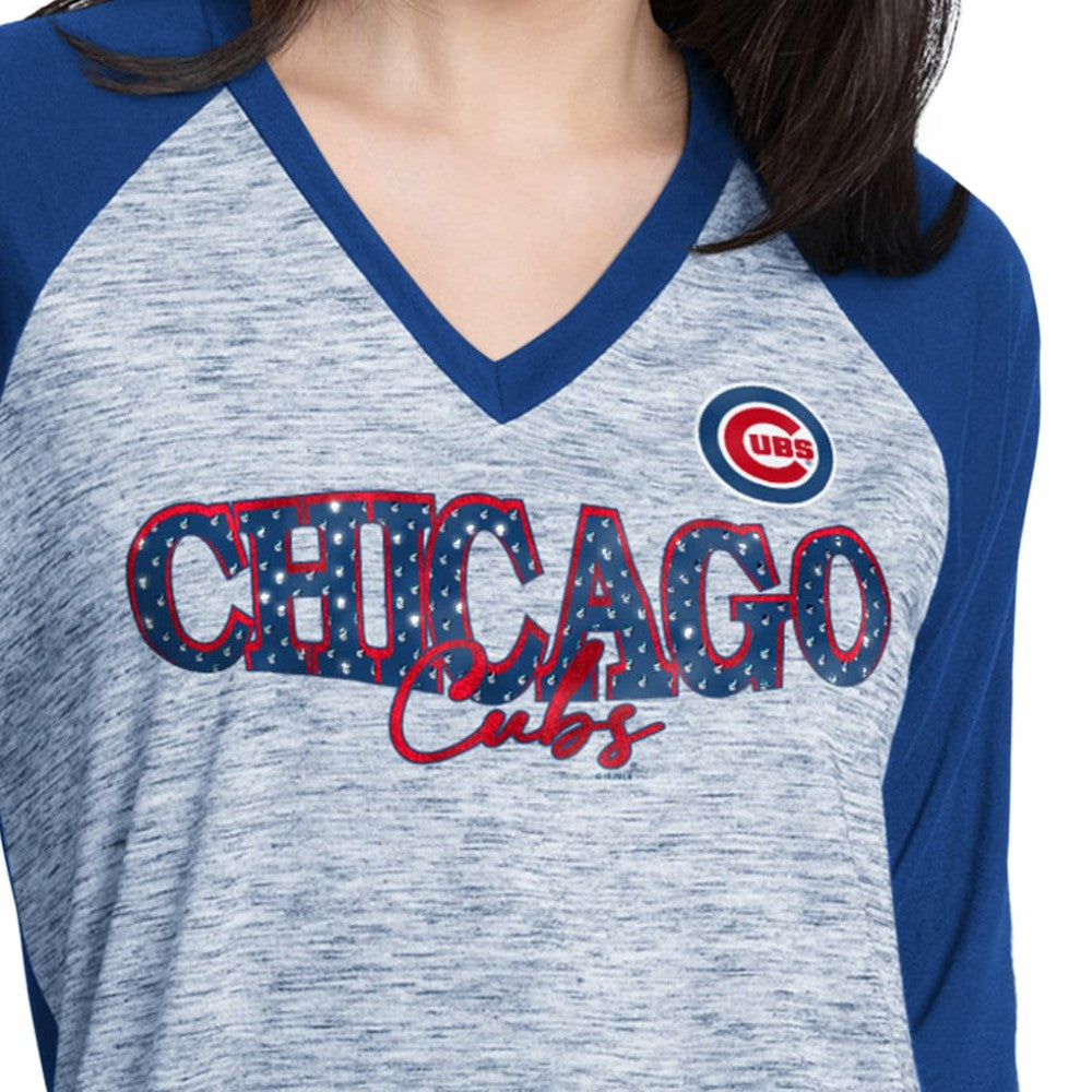 Chicago Cubs G-III 4Her by Carl Banks Women's Speed Training 3/4-Sleeve Rhinestone V-Neck T-Shirt - Royal/Heather Gray