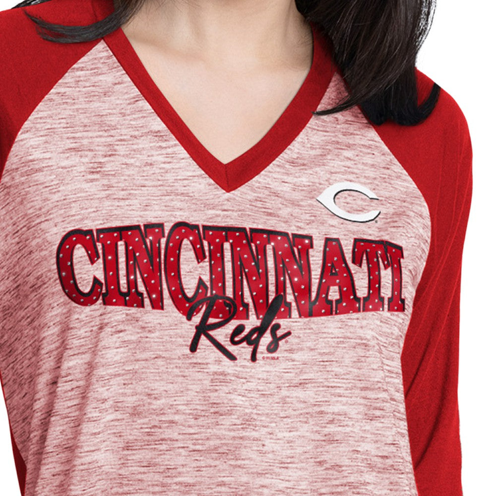 Cincinnati Reds G-III 4Her by Carl Banks Women's Speed Training 3/4-Sleeve Rhinestone V-Neck T-Shirt - Red/Heather Red