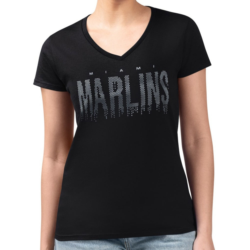 Miami Marlins G-III 4Her by Carl Banks Women's Metallic Drop Lightweight V-Neck T-Shirt - Black