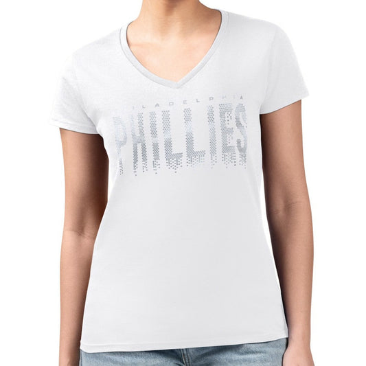 Philadelphia Phillies G-III 4Her by Carl Banks Women's Metallic Drop Lightweight V-Neck T-Shirt - White
