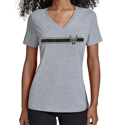 Milwaukee Bucks Starter Women's Team Stripe V-Neck T-Shirt - Gray outlet