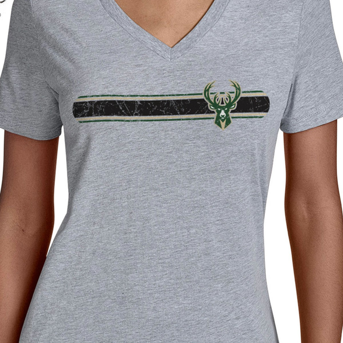 Milwaukee Bucks Starter Women's Team Stripe V-Neck T-Shirt - Gray outlet