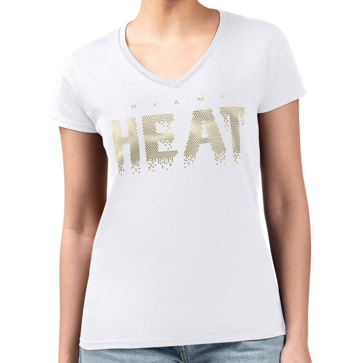 Miami Heat G-III 4Her by Carl Banks Women's Super-Slim-Fit Metallic Drop Lightweight V-Neck T-Shirt - White cheap