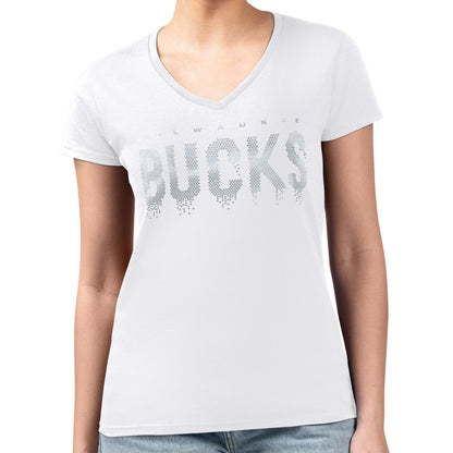 Milwaukee Bucks G-III 4Her by Carl Banks Women's Super-Slim-Fit Metallic Drop Lightweight V-Neck T-Shirt - White shop
