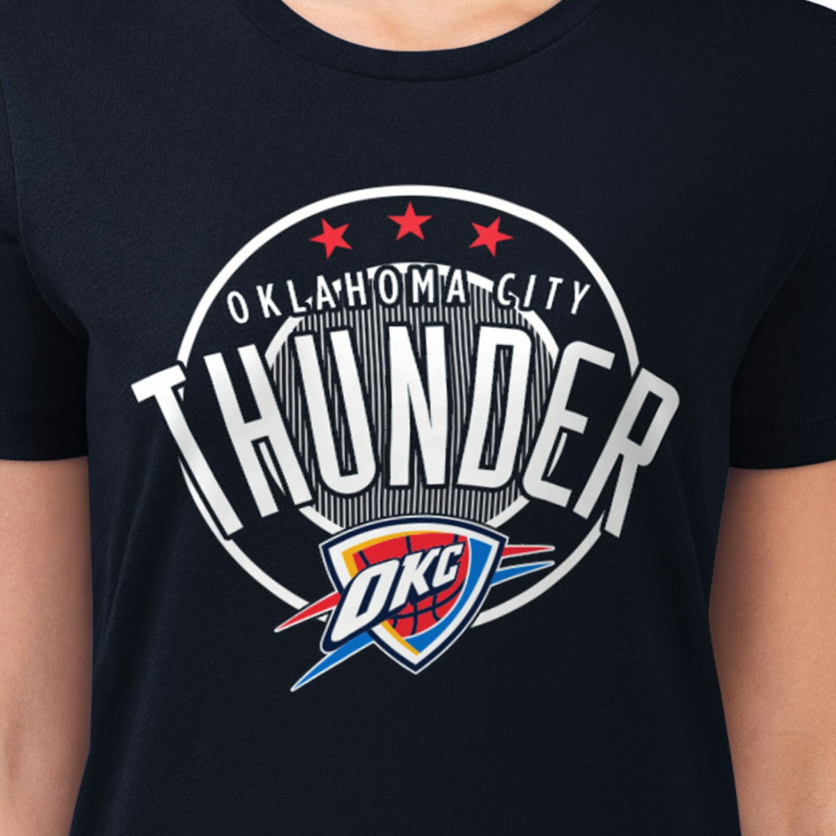 Oklahoma City Thunder G-III 4Her by Carl Banks Women's Super-Slim Lightweight Pinstripe Circle Graphic T-Shirt - Navy on sale