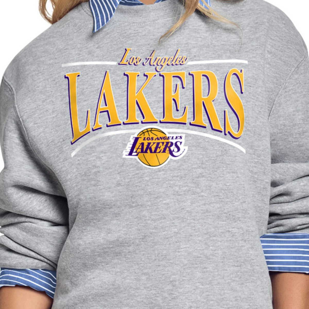 Los Angeles Lakers Starter Women's Arch Stripe Fleece Crewneck Sweatshirt - Gray on sale
