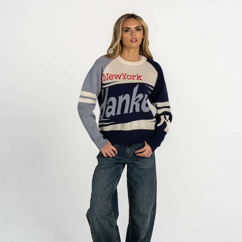 New York Yankees The Wild Collective Women's Boxy Jacquard Sweater - Navy/Cream