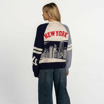 New York Yankees The Wild Collective Women's Boxy Jacquard Sweater - Navy/Cream