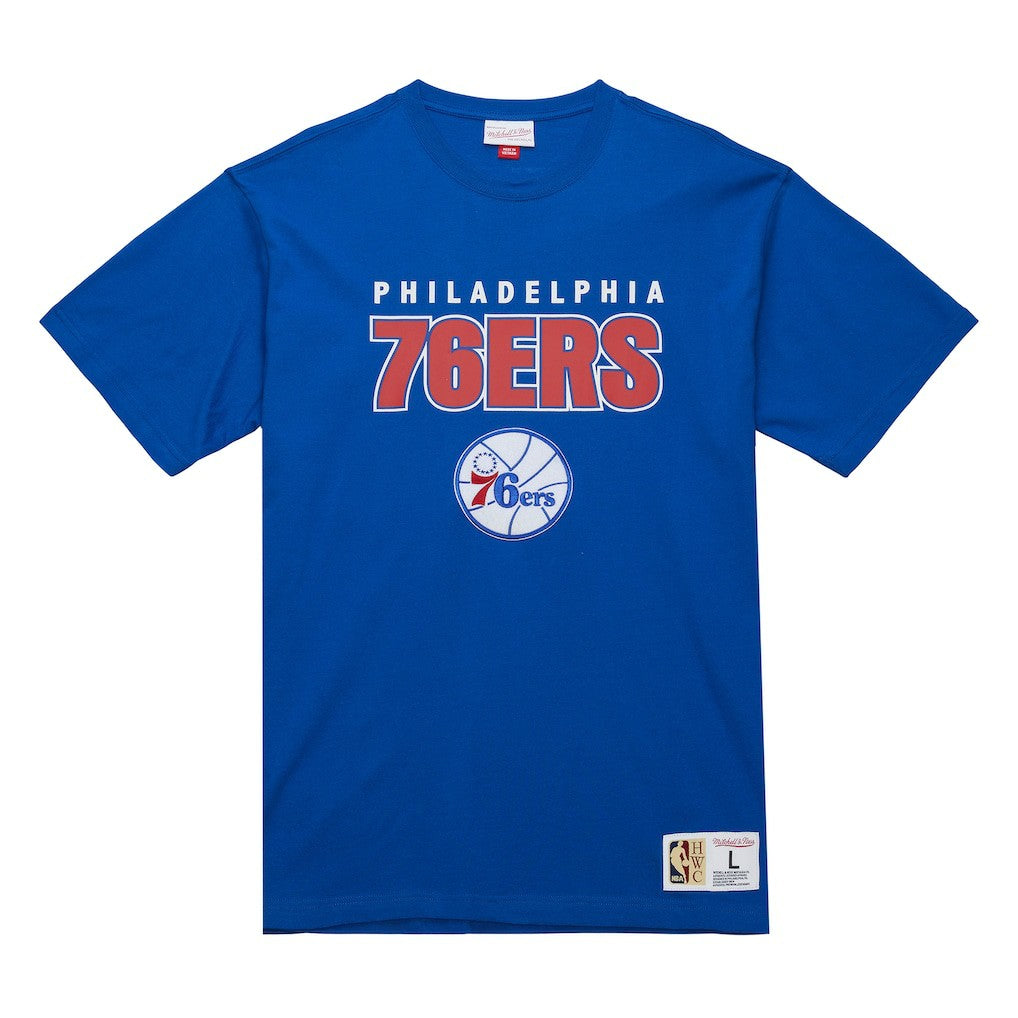 Philadelphia 76ers Hardwood Classics Throw It Back Premium T-Shirt - Royal | Mitchell & Ness outlet