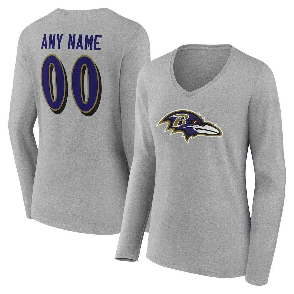 Baltimore Ravens Women's Team Authentic Personalized Name & Number Long Sleeve V-Neck T-Shirt - Gray sale