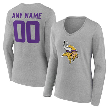 Minnesota Vikings Women's Team Authentic Personalized Name & Number Long Sleeve V-Neck T-Shirt - Gray sale