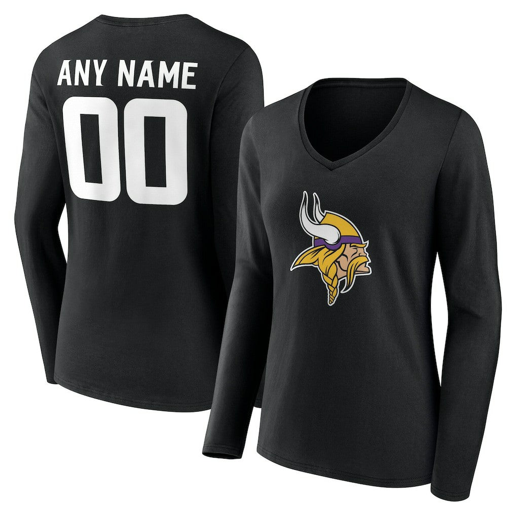 Minnesota Vikings Women's Team Authentic Personalized Name & Number Long Sleeve V-Neck T-Shirt - Black for sale