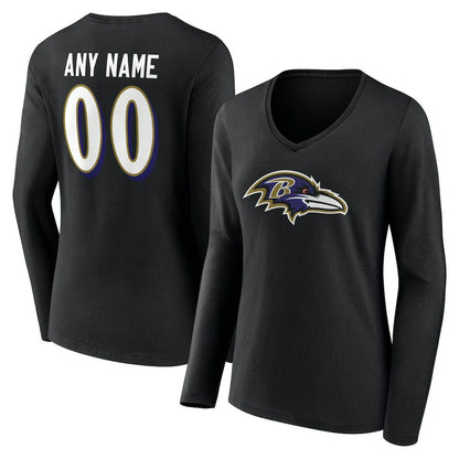 Baltimore Ravens Women's Team Authentic Personalized Name & Number Long Sleeve V-Neck T-Shirt - Black on sale