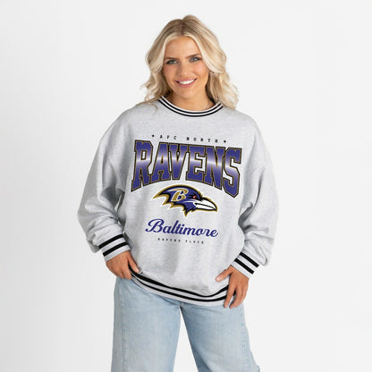 Baltimore Ravens Gameday Couture Women's Oversized Gridiron Drive Ringer Stripe Sweatshirt - Ash/Black discount