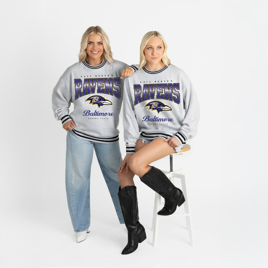 Baltimore Ravens Gameday Couture Women's Oversized Gridiron Drive Ringer Stripe Sweatshirt - Ash/Black discount
