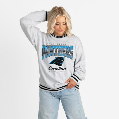Carolina Panthers Gameday Couture Women's Oversized Gridiron Drive Ringer Stripe Sweatshirt - Ash/Black outlet