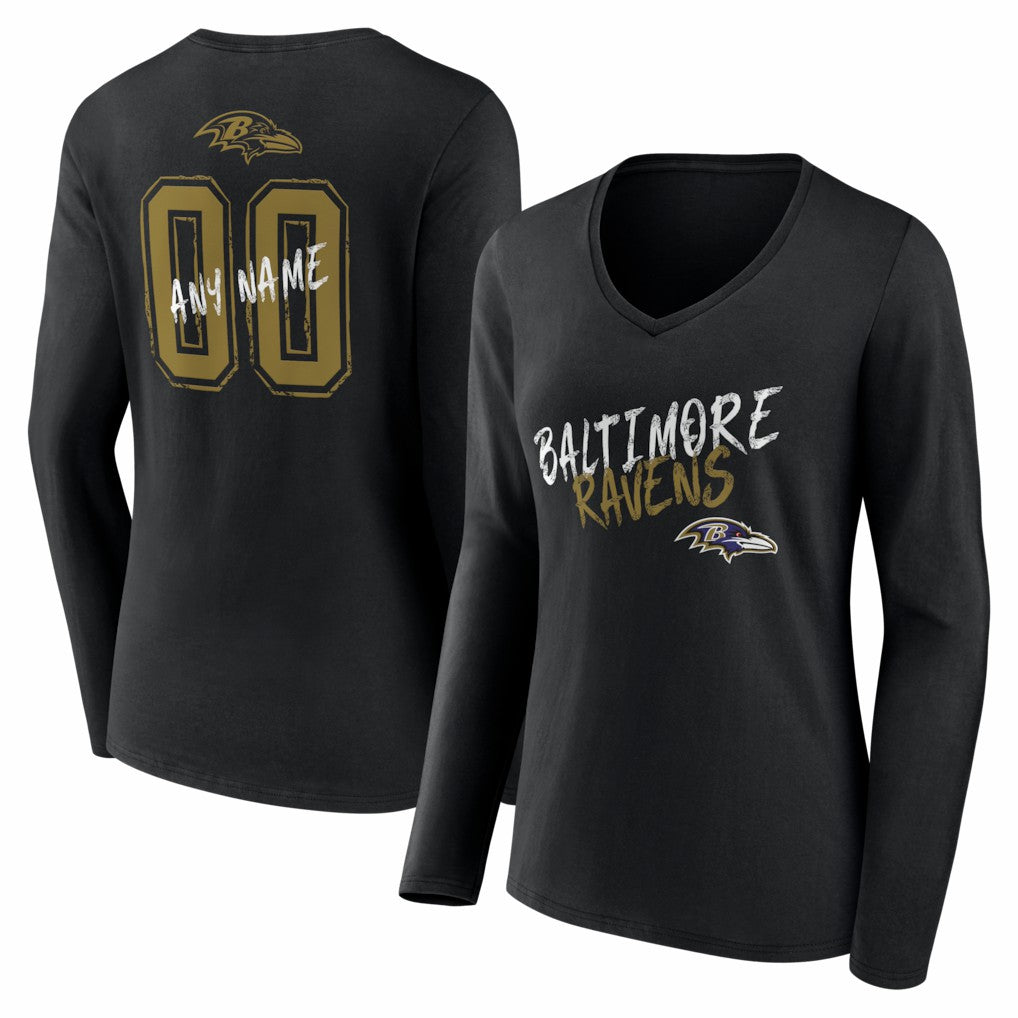 Baltimore Ravens Women's Hustle Personalized Name & Number Long Sleeve V-Neck T-Shirt - Black cheap