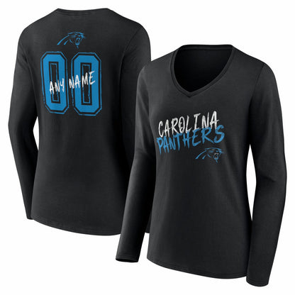 Carolina Panthers Women's Hustle Personalized Name & Number Long Sleeve V-Neck T-Shirt - Black on sale