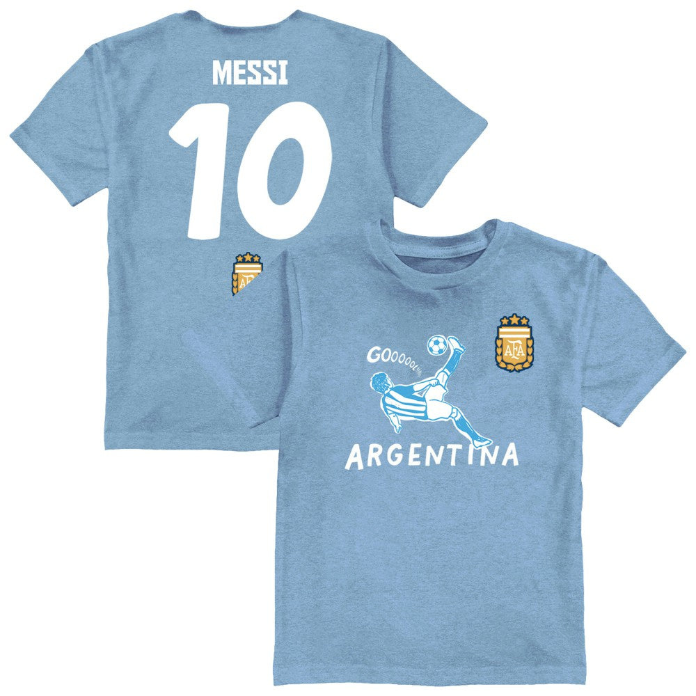 Lionel Messi Argentina National Team Vive La Fete Youth Player Name & Number Chilena Style T-Shirt - Light Blue for sale