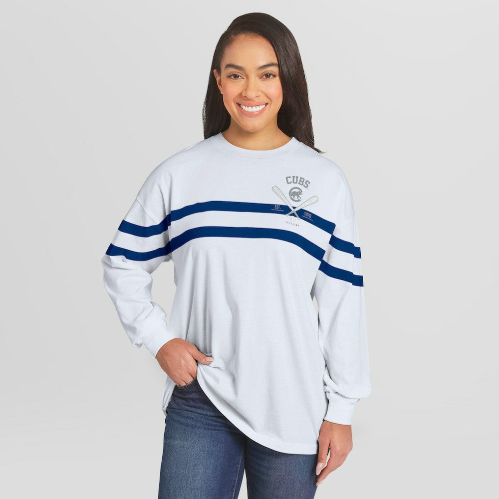 Chicago Cubs WEAR by Erin Andrews Women's Oversized Long Sleeve Striped T-Shirt - White