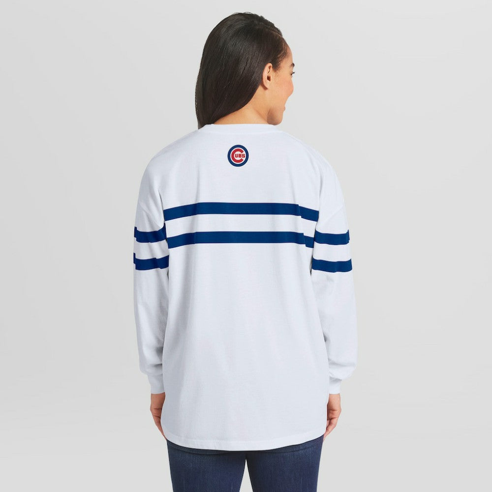 Chicago Cubs WEAR by Erin Andrews Women's Oversized Long Sleeve Striped T-Shirt - White