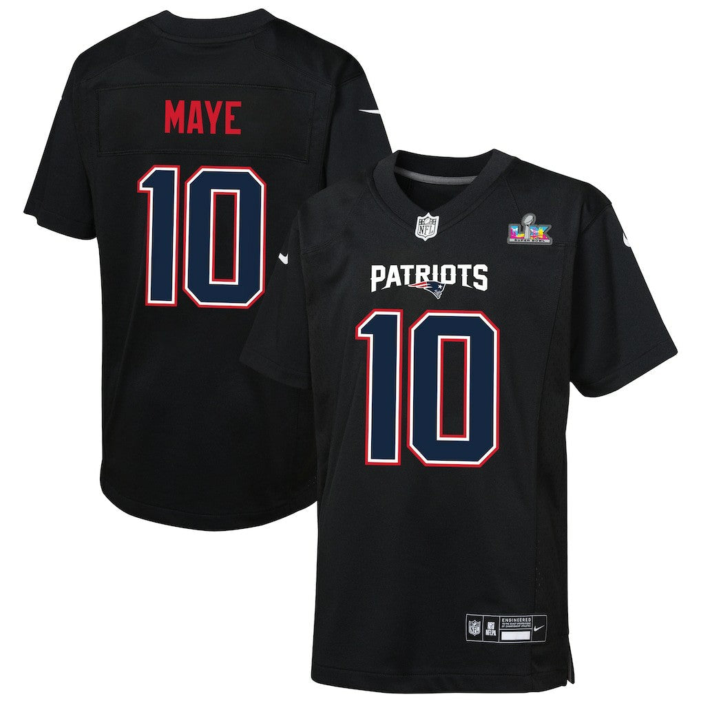 Drake Maye New England Patriots Youth Super Bowl LX Patch Carbon Fashion Game Jersey - Black | Nike on sale