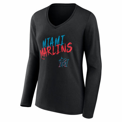 Miami Marlins Women's Hustle Personalized Name & Number Long Sleeve V-Neck T-Shirt - Black
