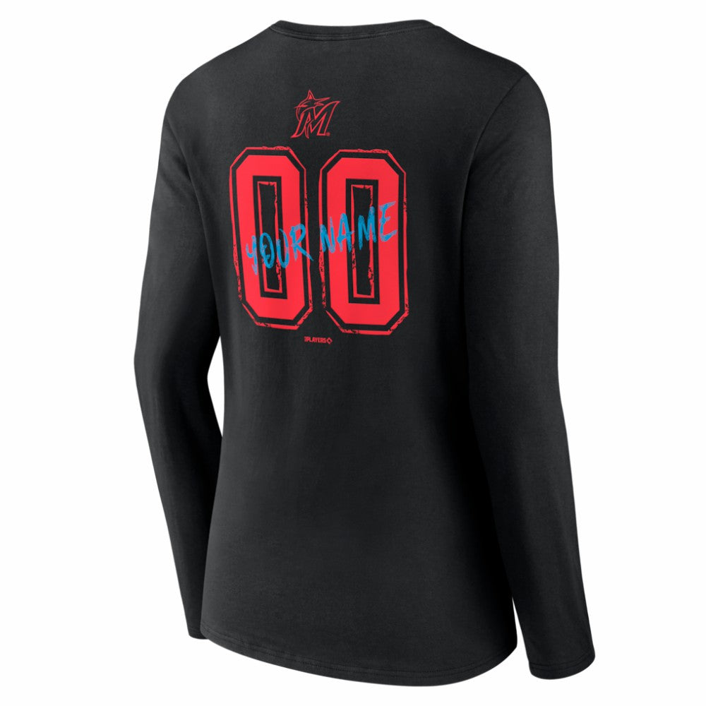 Miami Marlins Women's Hustle Personalized Name & Number Long Sleeve V-Neck T-Shirt - Black