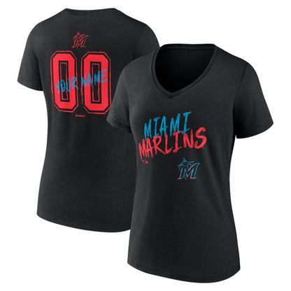 Miami Marlins Women's Hustle Personalized Name & Number V-Neck T-Shirt - Black