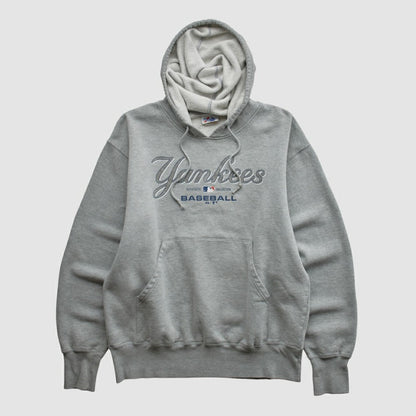 New York Yankees Majestic 2000s Hooded Pullover Sweatshirt - Heather Gray Vintage