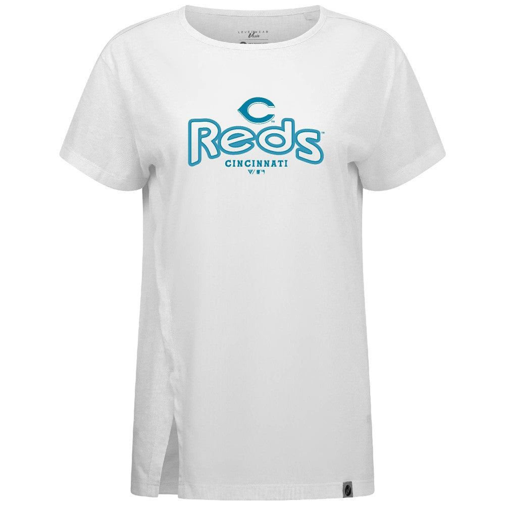 Cincinnati Reds Levelwear Women's Blue Haven Influx Cornerstone T-Shirt - White