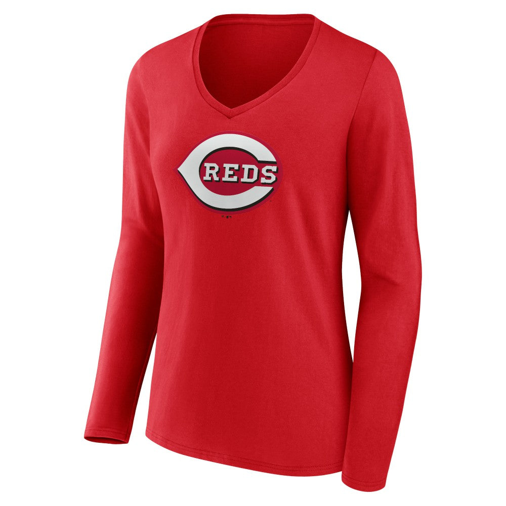 Cincinnati Reds Women's Team Color Primary Logo V-Neck Long Sleeve T-Shirt - Red