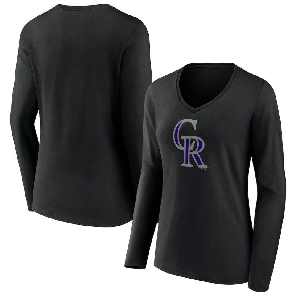Colorado Rockies Women's Team Color Primary Logo V-Neck Long Sleeve T-Shirt - Black
