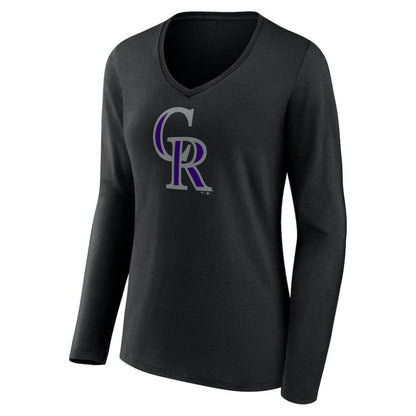 Colorado Rockies Women's Team Color Primary Logo V-Neck Long Sleeve T-Shirt - Black