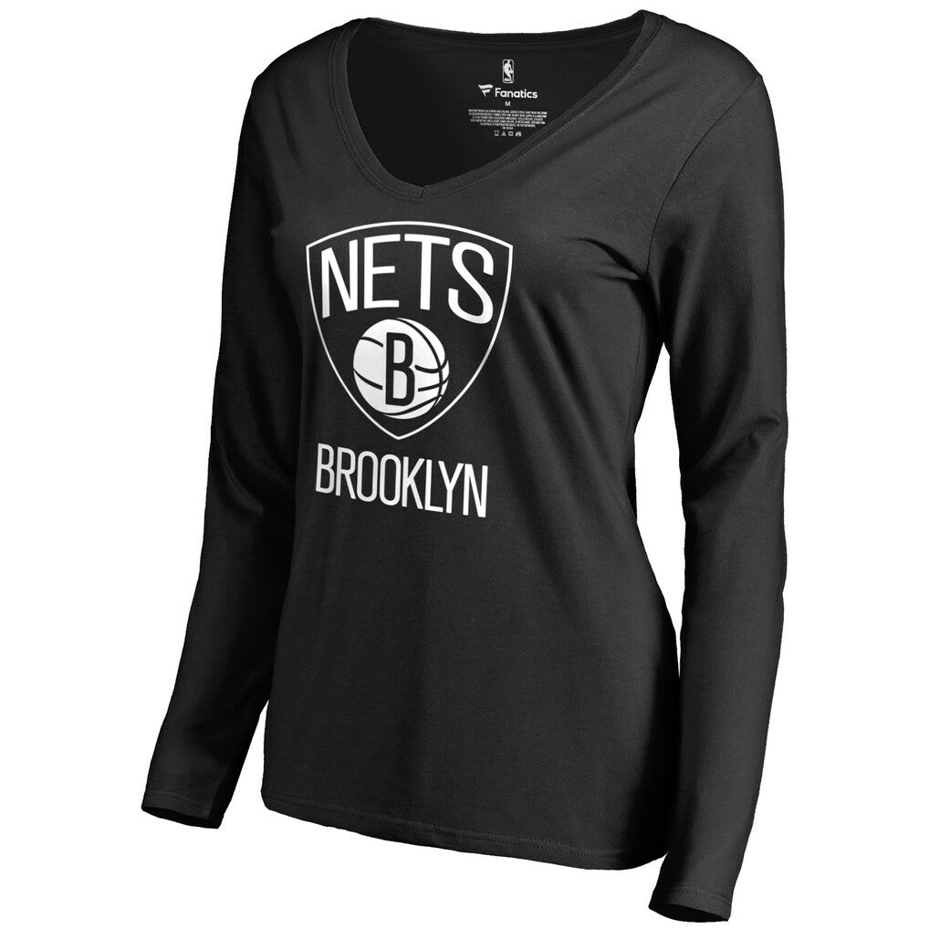 Brooklyn Nets Women's Primary Logo V-Neck Long Sleeve T-Shirt - Black outlet