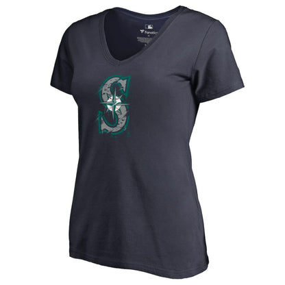 Seattle Mariners Women's Splatter Logo V-Neck T-Shirt - Navy