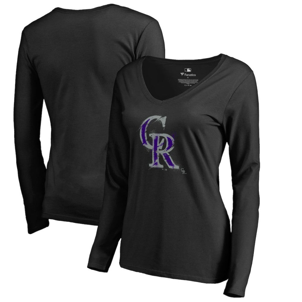 Colorado Rockies Women's Splatter Logo Long Sleeve V-Neck T-Shirt - Black