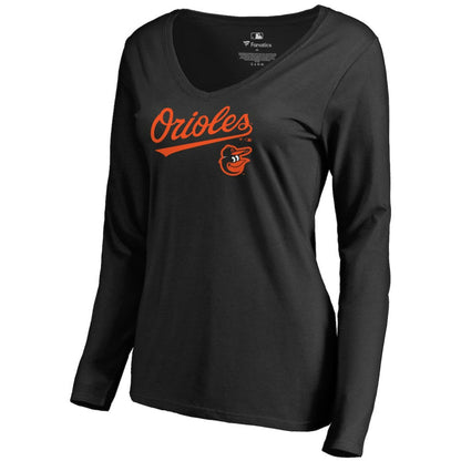 Baltimore Orioles Women's Team Lockup Slim Fit Long Sleeve V-Neck T-Shirt - Black