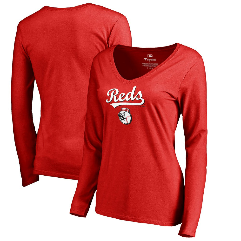 Cincinnati Reds Women's Team Lockup Slim Fit Long Sleeve V-Neck T-Shirt - Red