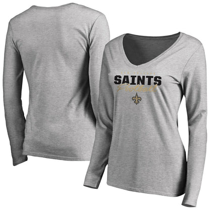 New Orleans Saints Women's Iconic Collection Script Assist Long Sleeve V-Neck T-Shirt - Ash outlet