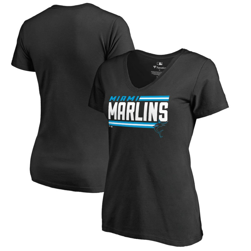 Miami Marlins Women's Onside Stripe V-Neck T-Shirt - Black