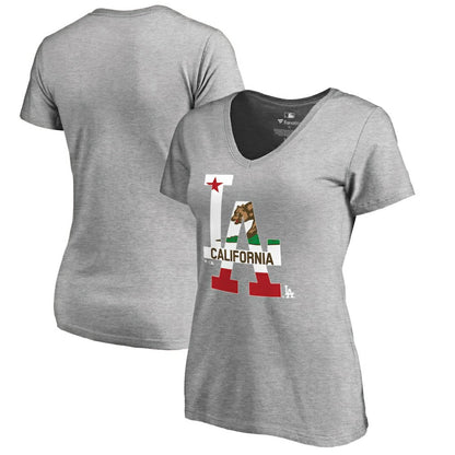 Los Angeles Dodgers Women's Hometown Collection Cali Flag T-Shirt - Heathered Gray