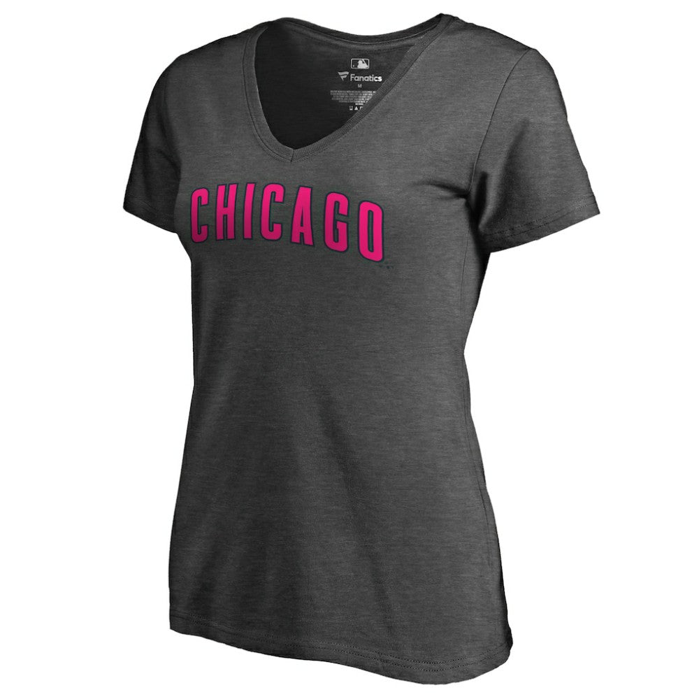 Chicago Cubs Women's Pink Wordmark V-Neck T-Shirt - Heathered Gray