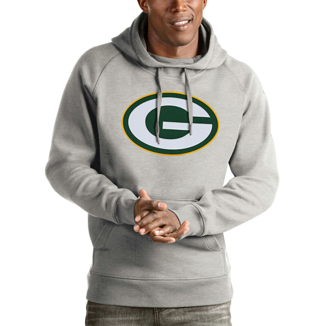 Green Bay Packers Antigua Victory Pullover Hoodie - Heather Gray for sale